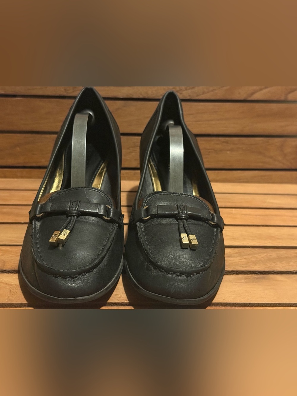 Lauren Ralph Lauren Rory Black Leather Wedge Loafers with Gold Hardware - Picture 4 of 7